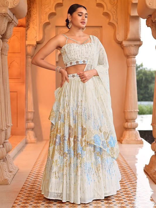 Ivory Gold Floral Lehenga Set with Mirror Work and Spaghetti Strap Blouse