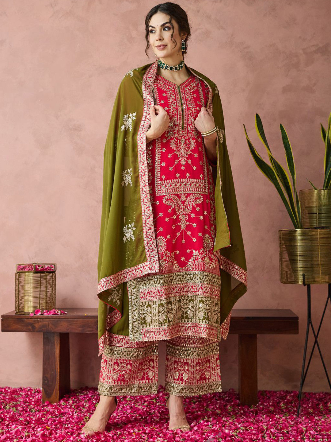 Pink & Olive Green Embroidered Kurta Palazzo Set with Dupatta