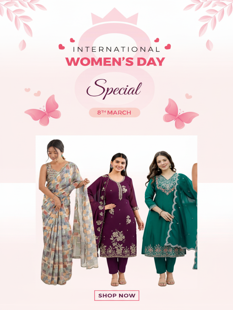 Three women in traditional outfits with 'International Women's Day Special' text on a pink background.